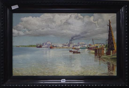 E. Buscaglia, oil on canvas, View of an estuary and docks, signed and dated 1936, 48 x 78cm